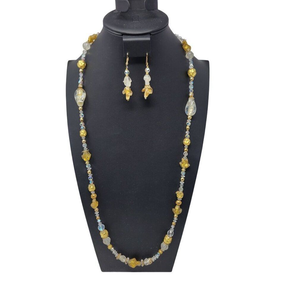 Vintage‎ Princess Necklace Dangle Pierced Earring Set Faux Gold Nugget AB Beads